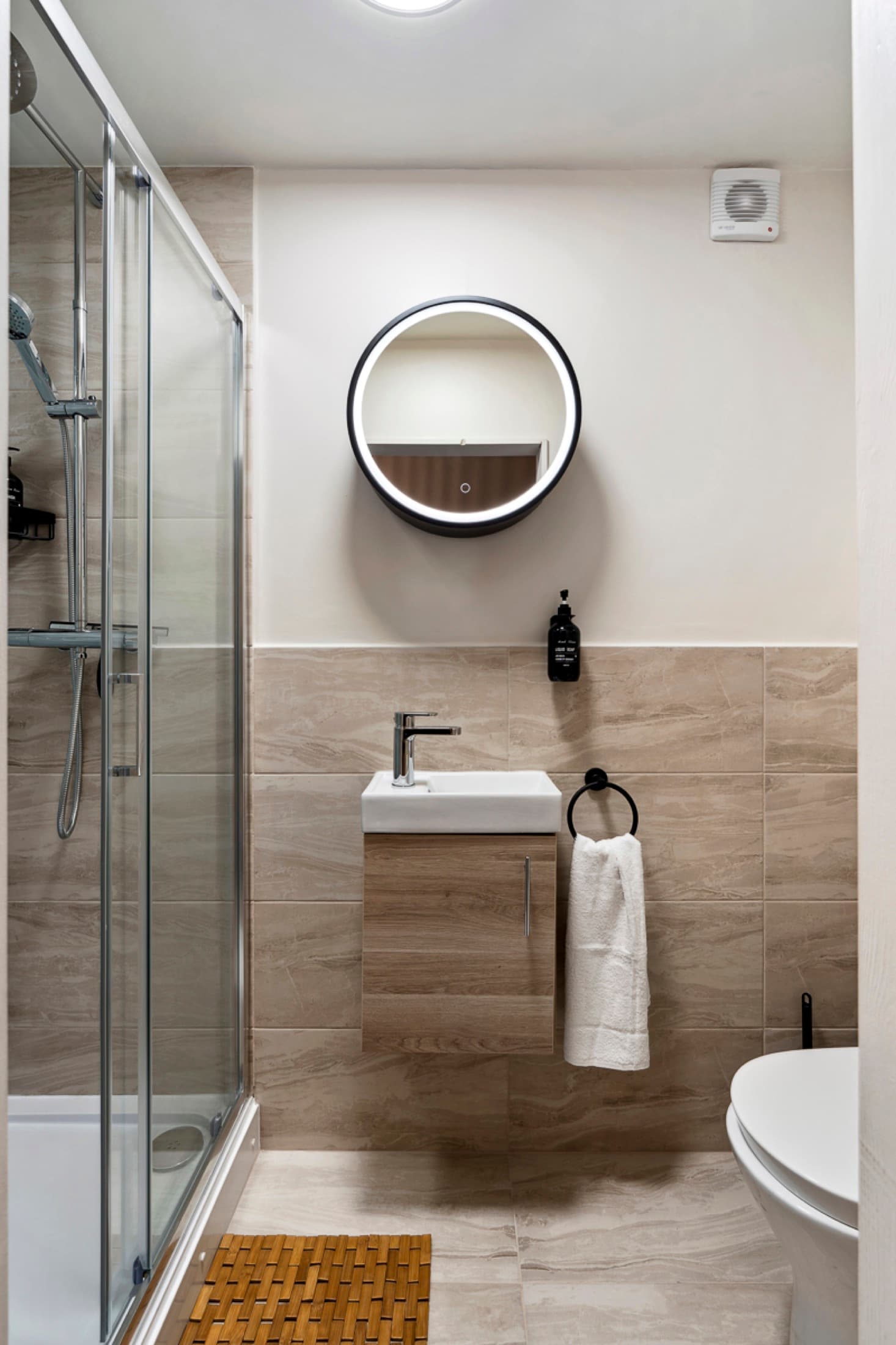 Stylish communal dining area with seating for shared living